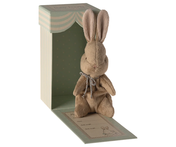 Stuffed rabbit toy with a bow tie in a decorative box on a white background