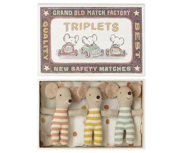 Three toy mice in striped outfits inside a matchbox packaging with 'Grand Old Match Factory' branding.
