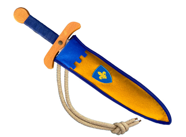Toy sword with blue sheath featuring a shield emblem on a white background