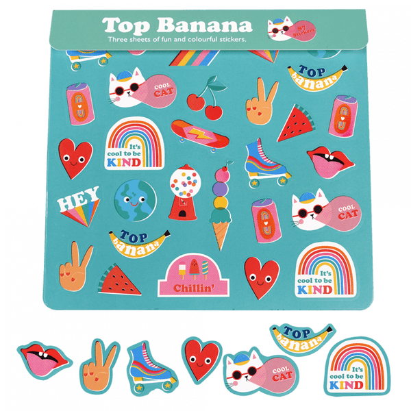 Top Banana sticker sheet with colorful stickers on a white background