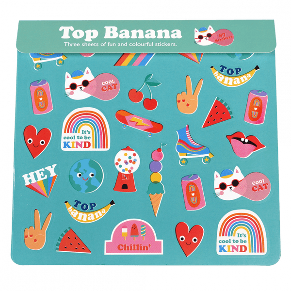 Top Banana sticker pack with various colorful stickers on a teal background