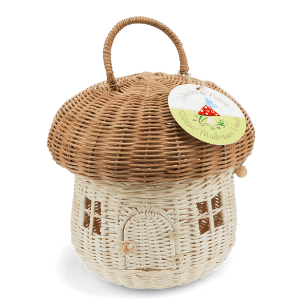 Wicker toy house with a tag on a white background