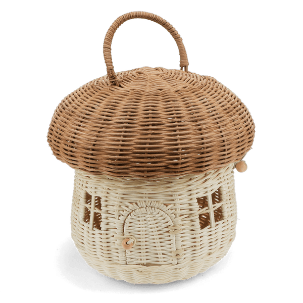 Wicker house-shaped basket with a brown roof on a white background