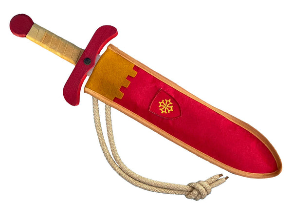 Red & Yellow Wooden Sword with Sheath and Belt - Occitan - Kalid Medieval