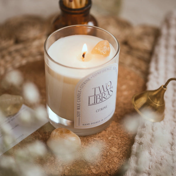 Citrine Crystal Intention Candle - Confidence, New Beginning - Two Libras