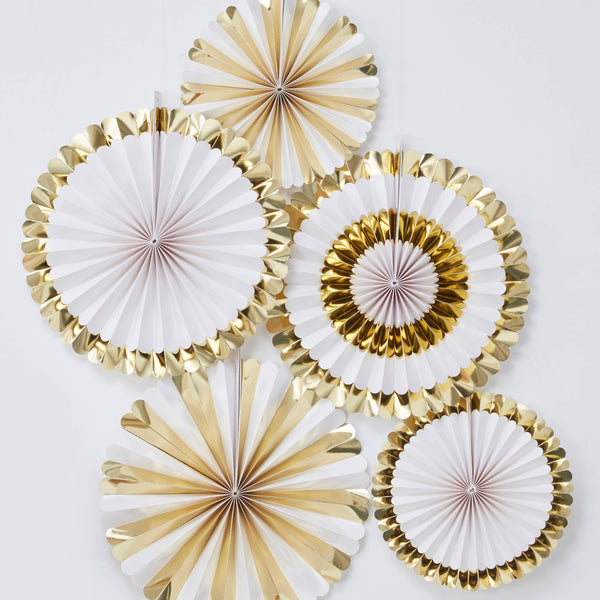 Gold and White Fan Decorations - 5 Pieces - Ginger Ray