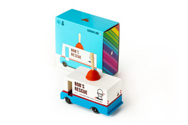 Toy truck with 'Bob's Rescue' branding and a colorful box on a white background