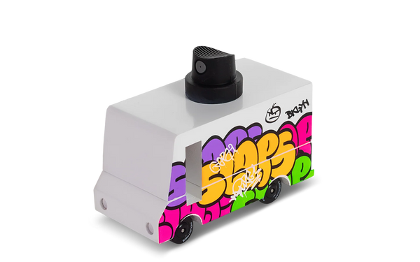 White toy van with colourful graffiti-style design on a white background