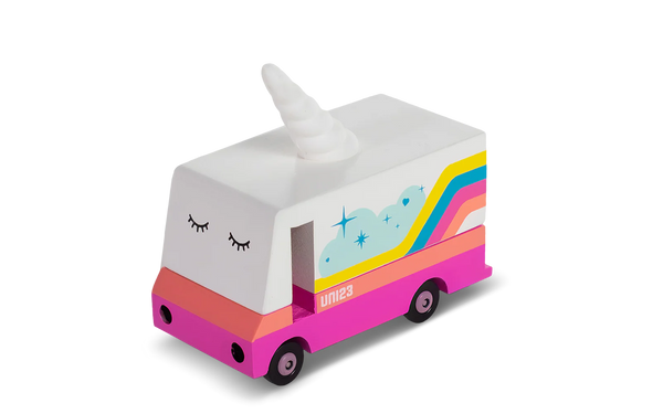 Colorful ice cream truck toy with a unicorn design on a white background