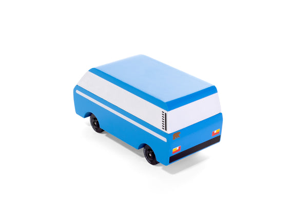 Blue and white toy bus on a white background
