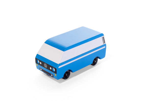 Blue and white model van on a white background
