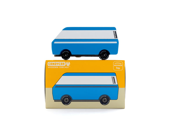 Blue and white toy van with matching box on a white background
