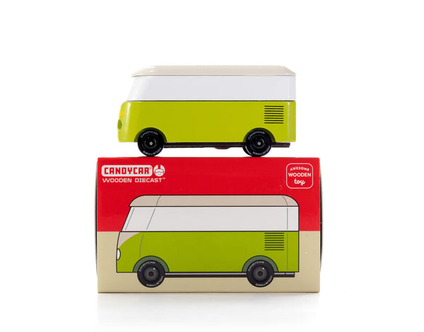 Green toy van on top of its box packaging with 'Candycar' branding.
