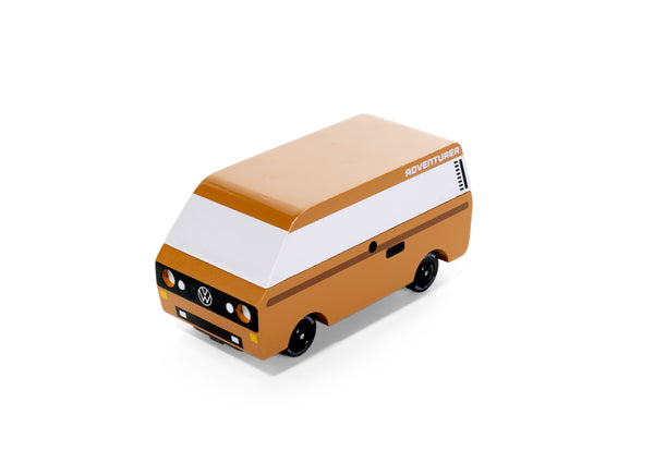 Model of a vintage van with a white roof and brown body on a white background