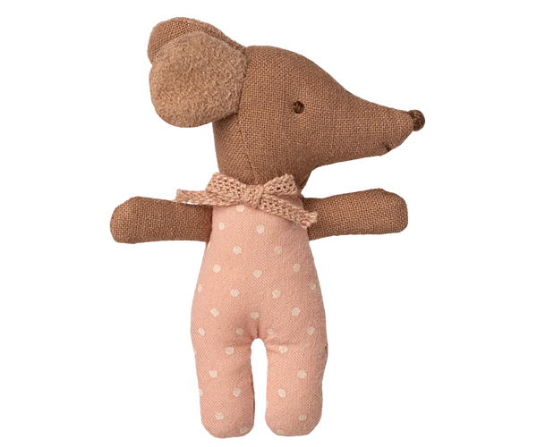 Stuffed toy mouse with a bow tie on a white background