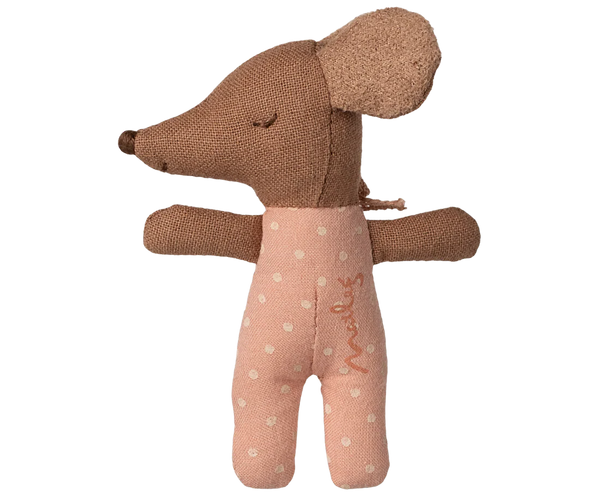 Stuffed toy mouse with a pink body and white polka dots on a white background