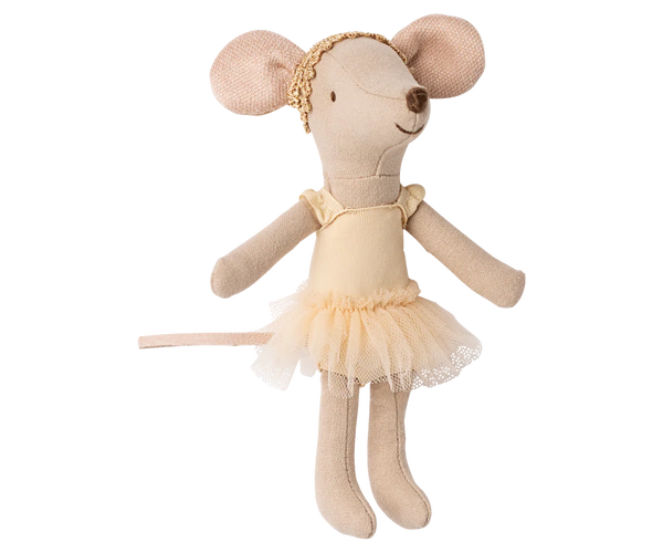 Stuffed mouse toy in a ballerina outfit on a white background