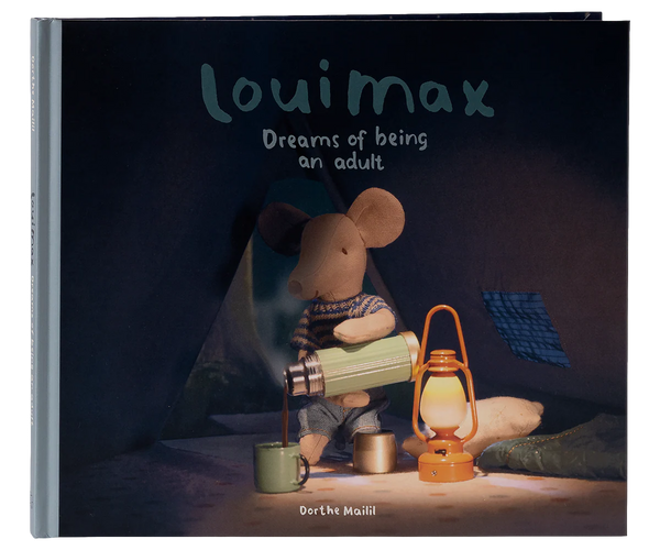 Book titled 'Louimax Dreams of Being an Adult' with a mouse character holding a lantern and a cup.