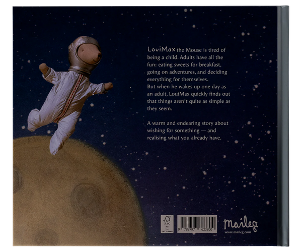 Book cover with an astronaut on the moon and text about a mouse named LouiMax.