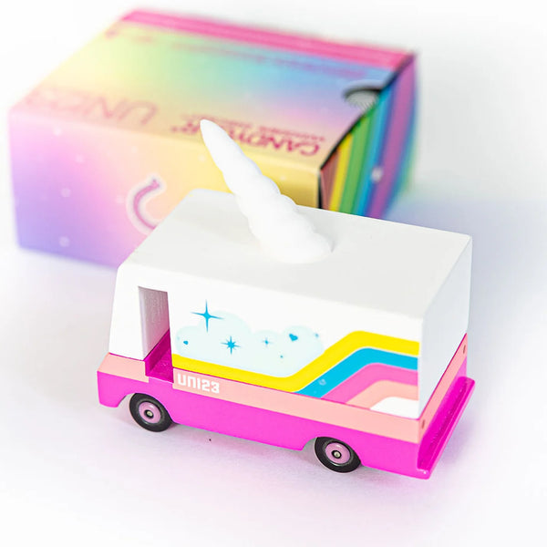 Colourful  toy truck with a rainbow unicorn design on a white background