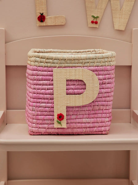P Raffia Alphabet Sticker with Flower Embroidery - Rice DK