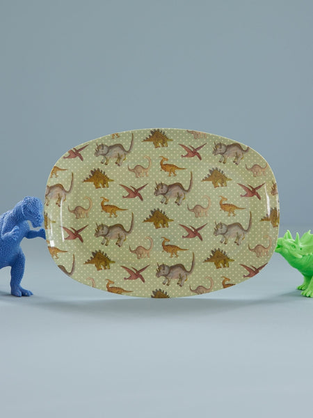 Dusty Blue Dino Print Melamine Rectangular Plate, Large - Rice DK