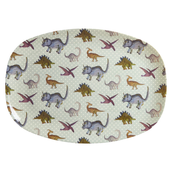 Dusty Blue Dino Print Melamine Rectangular Plate, Large - Rice DK