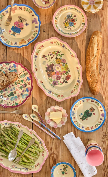Flat view of table featuring Nathalie Lété Print Melamine Plates and Serving Dishes