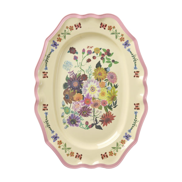 Flat view of Pink Nathalie Lété Print Vintage Style Large Melamine Serving Dish