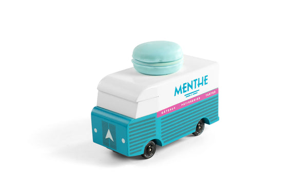 Blue and white van-shaped container with a mint green lid on a white background
