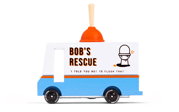 Toy truck with 'Bob's Rescue' branding on a white background