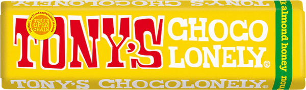 A Tony's Chocolonely single milk chocolate almond honey nougat bar against a white background