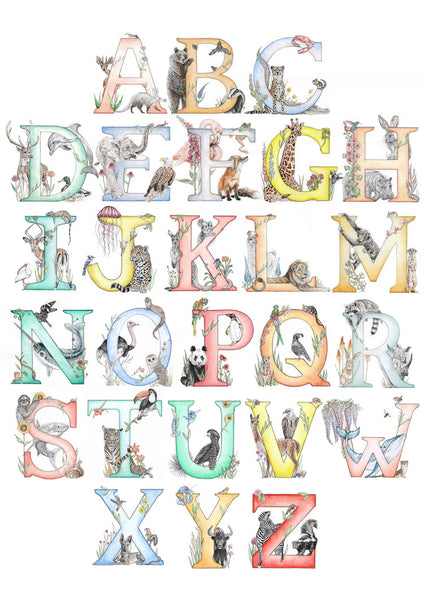 Alphabet letters with animal illustrations on a white background
