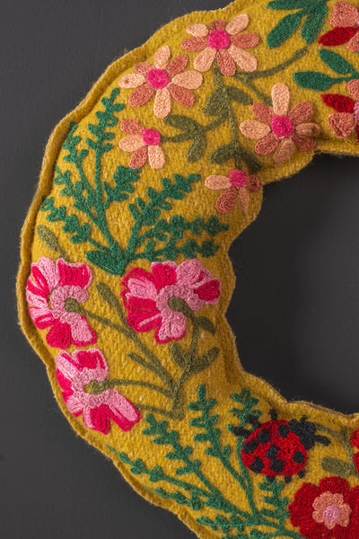 Ladybirds & Flowers Ochre Felt Wreath - Ian Snow