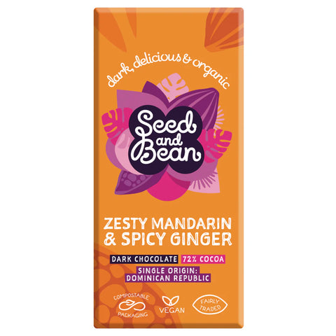Seed and Bean Zesty Mandarin & Spicy Ginger Dark 72% Organic Chocolate Bar - The Raw Chocolate Company (Copy)
