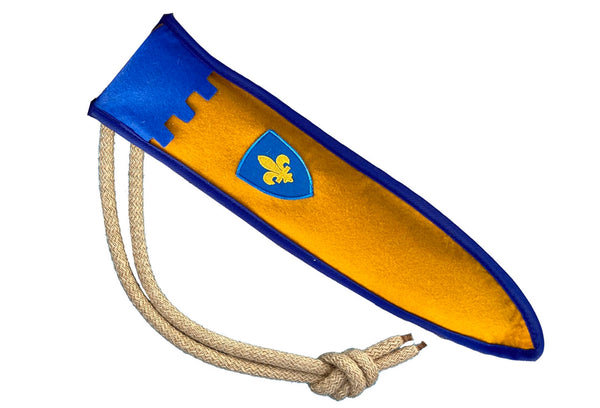 Sword sheath with blue and gold design on a white background