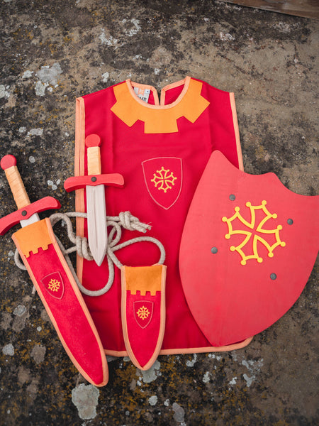 Red & Yellow Wooden Sword with Sheath and Belt - Occitan - Kalid Medieval