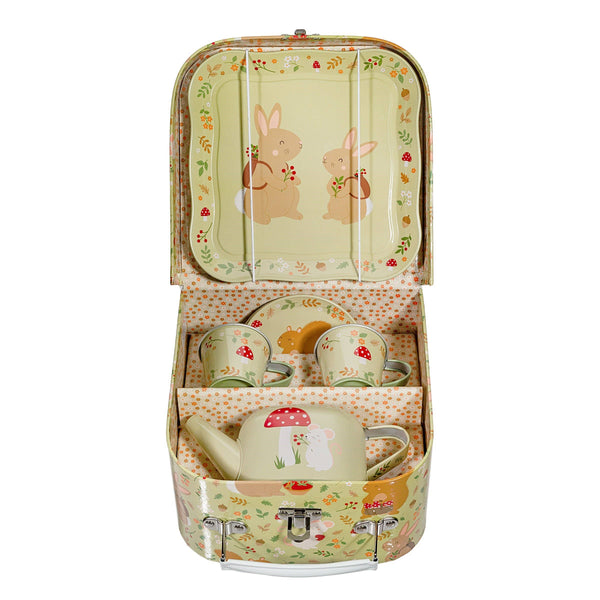 Children's tea set with a suitcase-shaped carrying case on a white background