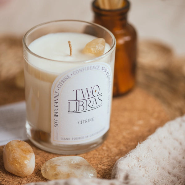 Citrine Crystal Intention Candle - Confidence, New Beginning - Two Libras