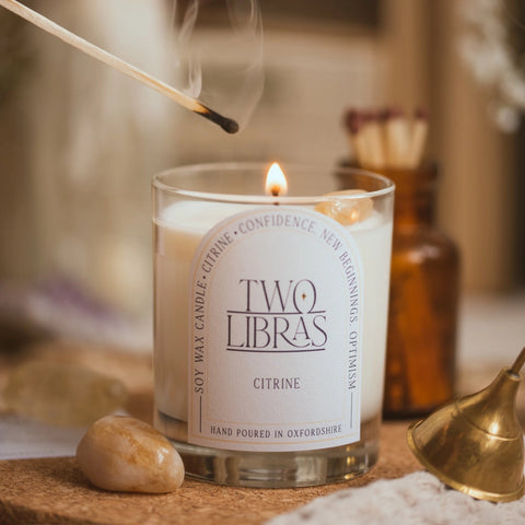 Citrine Crystal Intention Candle - Confidence, New Beginning - Two Libras