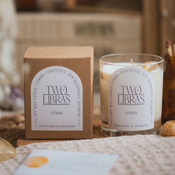 Citrine Crystal Intention Candle - Confidence, New Beginning - Two Libras