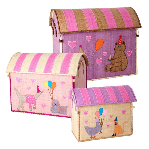 Soft Pink Party Animal Raffia Play & Toy Storage Baskets - Rice DK