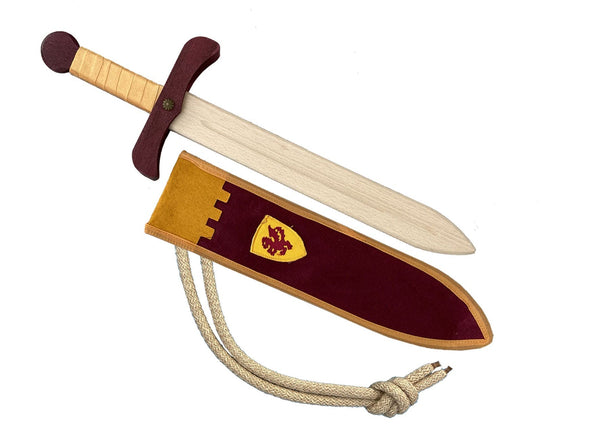 Burgundy & Yellow Wooden Sword with Sheath and Belt - Camelot - Kalid Medieval