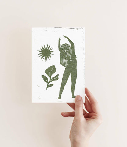 Standing Goddess, Sage Green, Cotton Rag Goddess Affirmation Block Print Postcard - Prints by the Bay