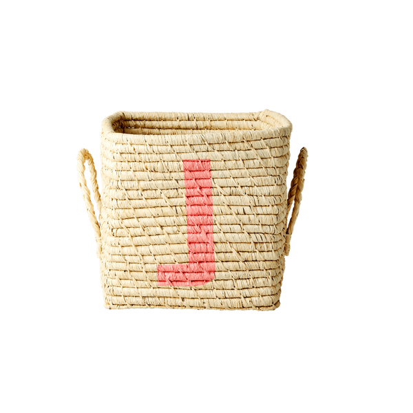 'Painted Letter J' Small Square Raffia Storage Basket - Rice DK