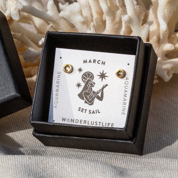 March Aquamarine Birthstone Stud Earrings - Wanderlust Life