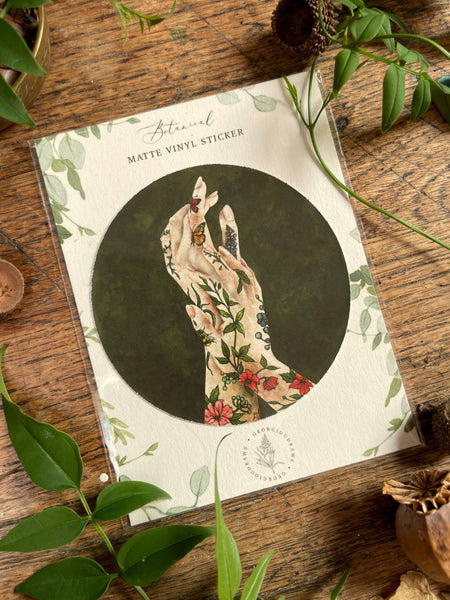 The Botanist Botanical Floral Tattooed Hands Vinyl Sticker - Georgiou Draws