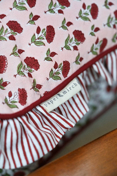 Ruffled Cushion Cover - Scarlet Ditsy Floral Block Printed - Paper Mirchi
