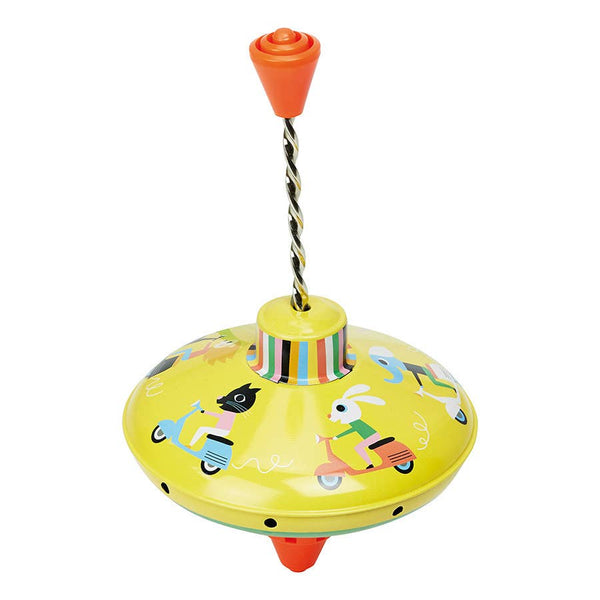 Colourful toy spinning top with cartoon characters on a white background