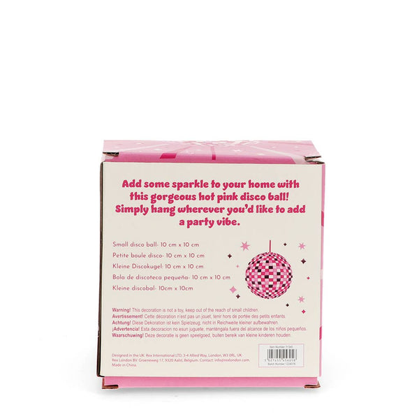 Pink disco ball packaging with text on a white background